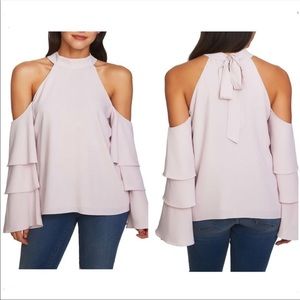 1 State Lilac High Neck, Cold Shoulder Ruffle Sleeve Top